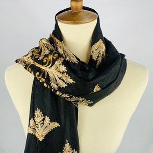 Women Lady Wrap Shawl Scarf Throw Gold Embroidered Flowers Work 28x83 India